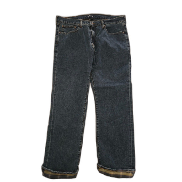 Lands' End Plaid Lined Jeans Men 38x30 Blue Cotton Poly Plaid Made in Kenya - Picture 1 of 7